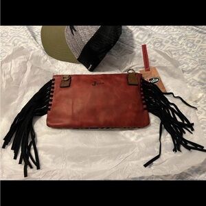 Justin Boots Red and Black Fringe Clutch